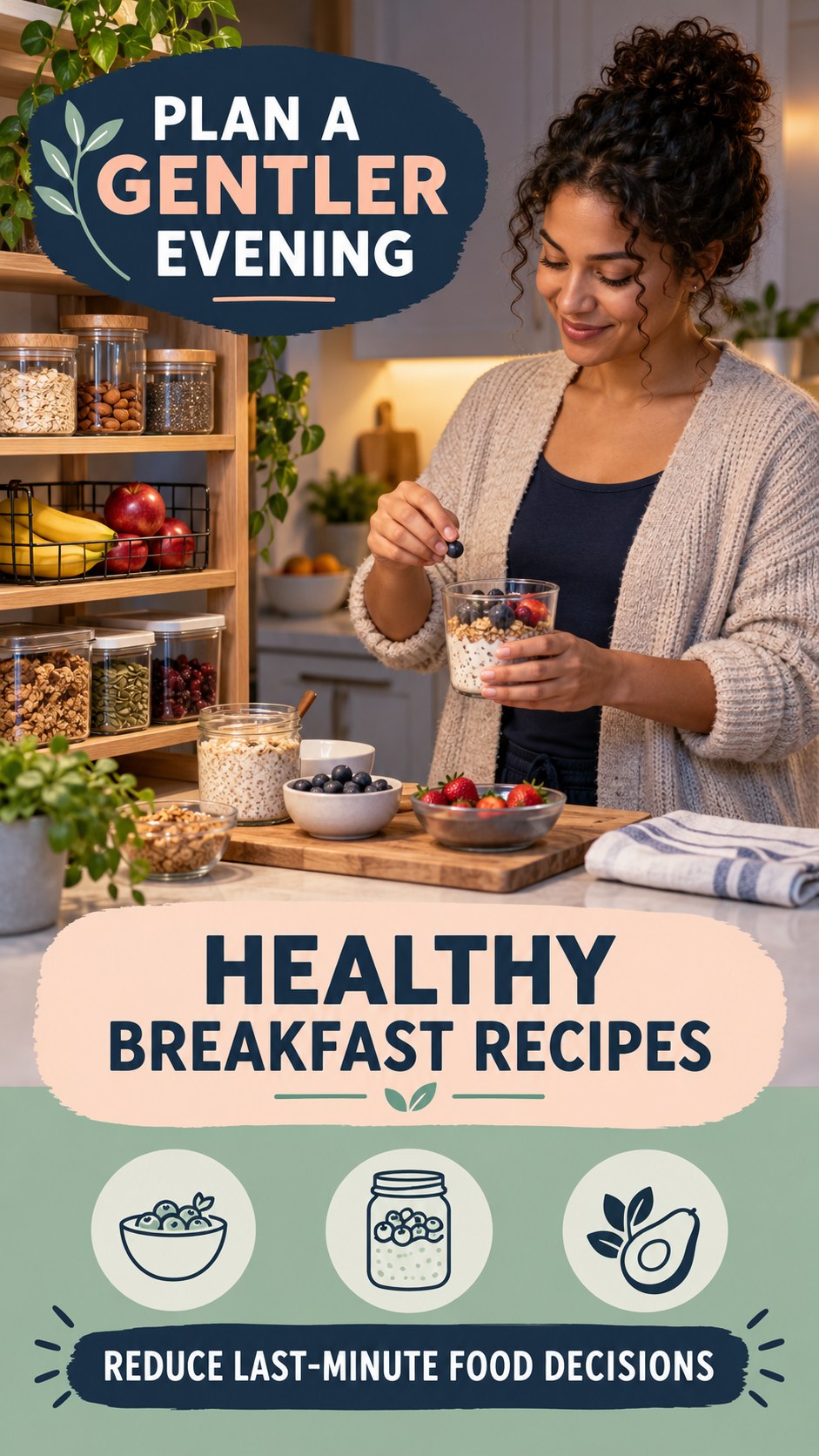Late-Night Food Planning infographic for Healthy Breakfast Recipes, showing a flexible and calming evening wellness routine.