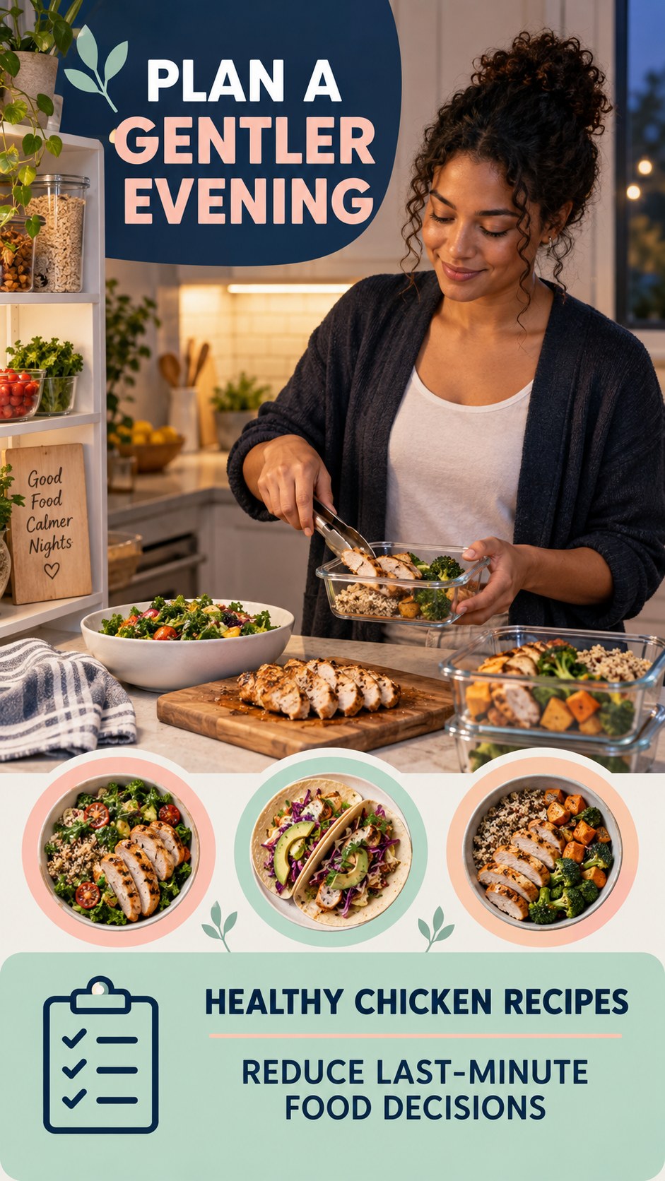 Late-Night Food Planning infographic for Healthy Chicken Recipes, showing a flexible and calming evening wellness routine.