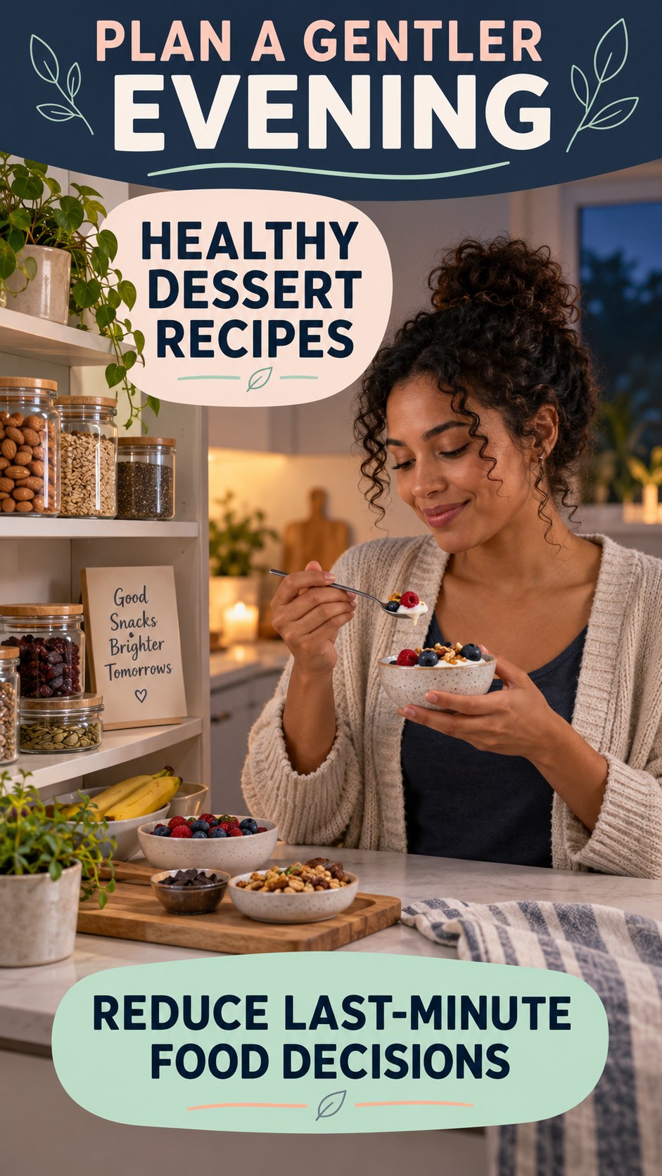 Late-Night Food Planning infographic for Healthy Dessert Recipes, showing a flexible and calming evening wellness routine.