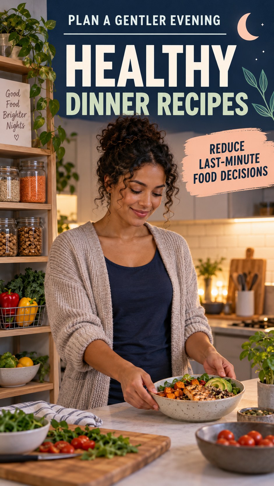 Late-Night Food Planning infographic for Healthy Dinner Recipes, showing a flexible and calming evening wellness routine.