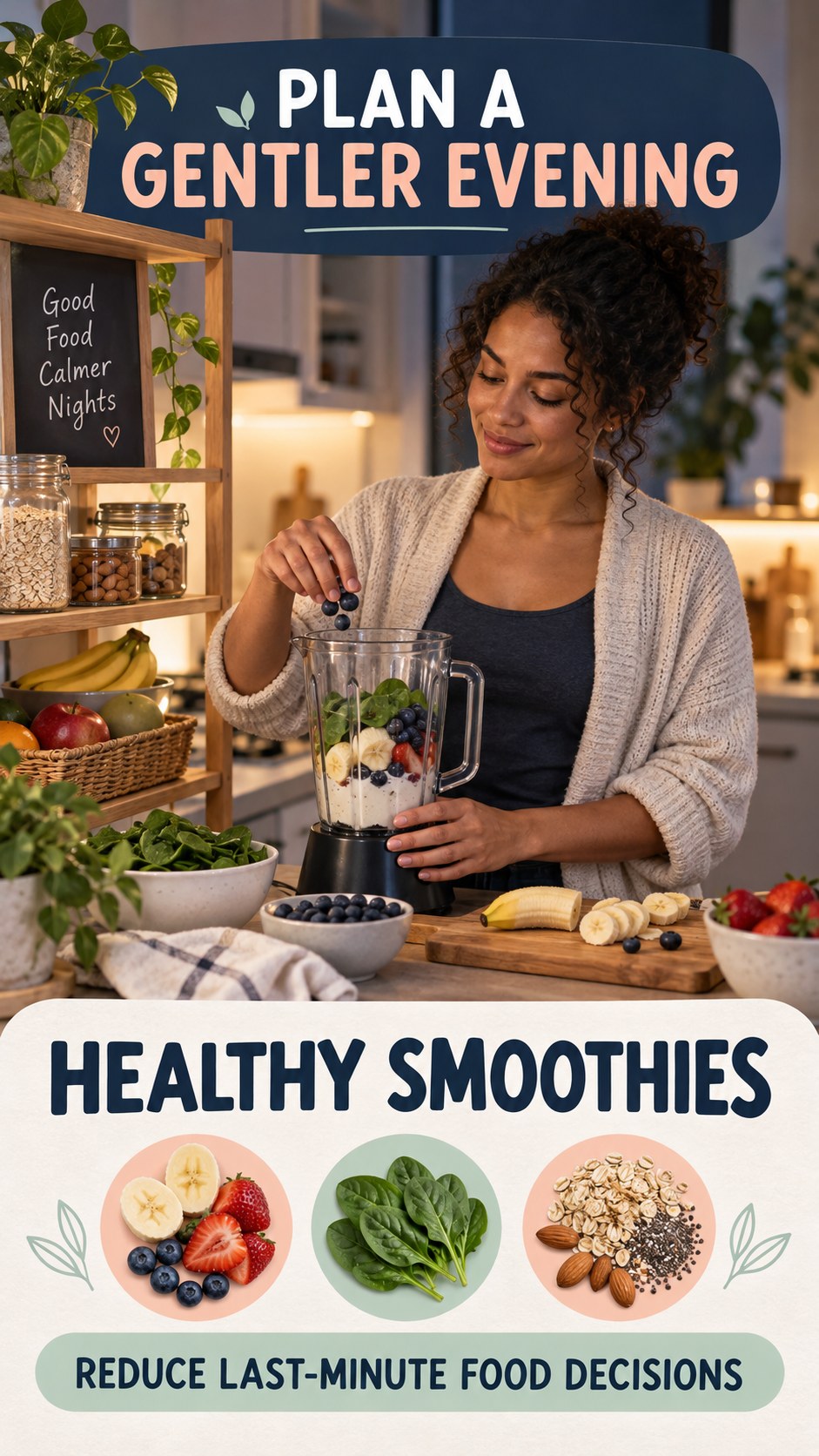 Late-Night Food Planning infographic for Healthy Smoothies, showing a flexible and calming evening wellness routine.