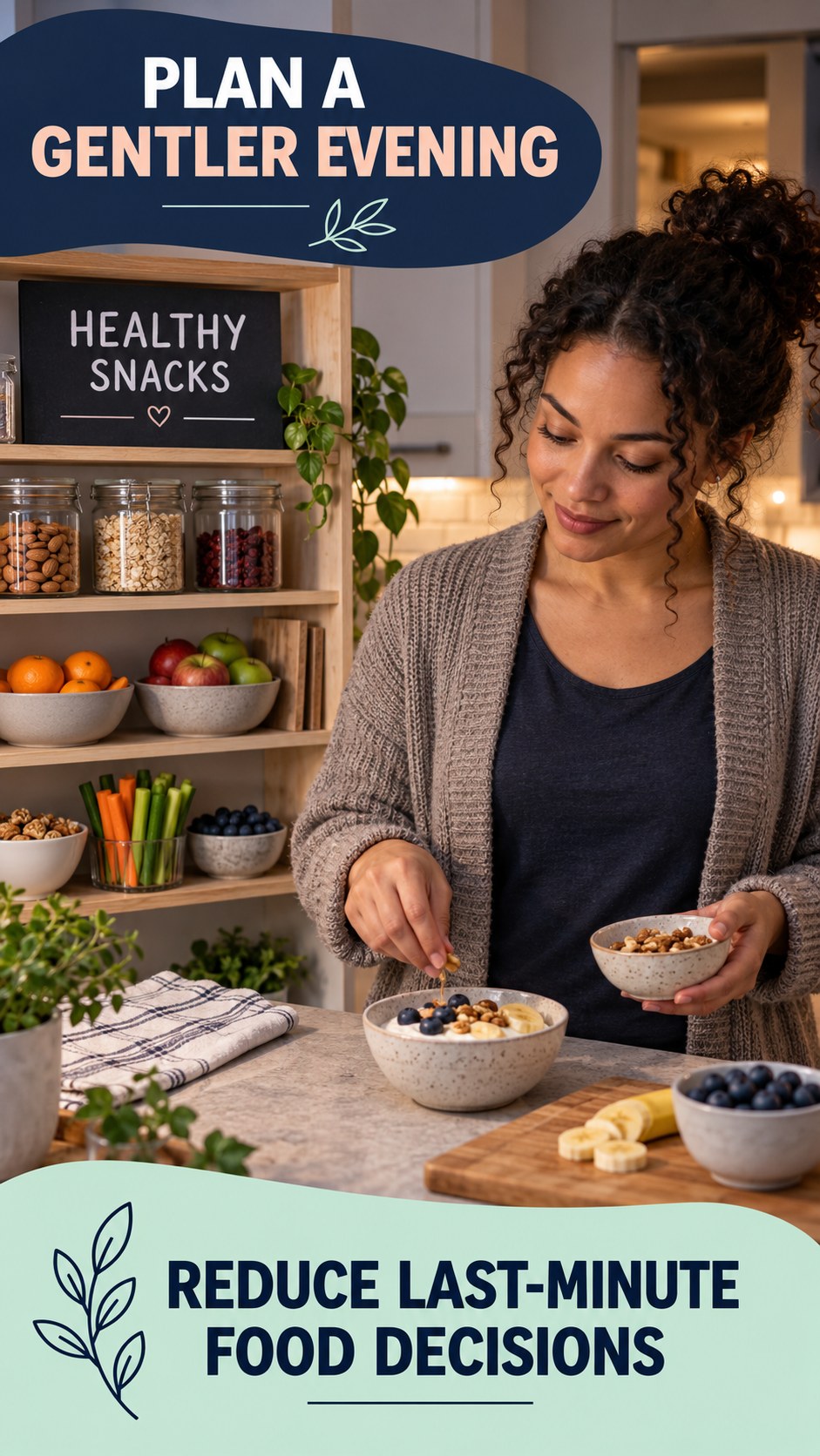 Late-Night Food Planning infographic for Healthy Snacks, showing a flexible and calming evening wellness routine.