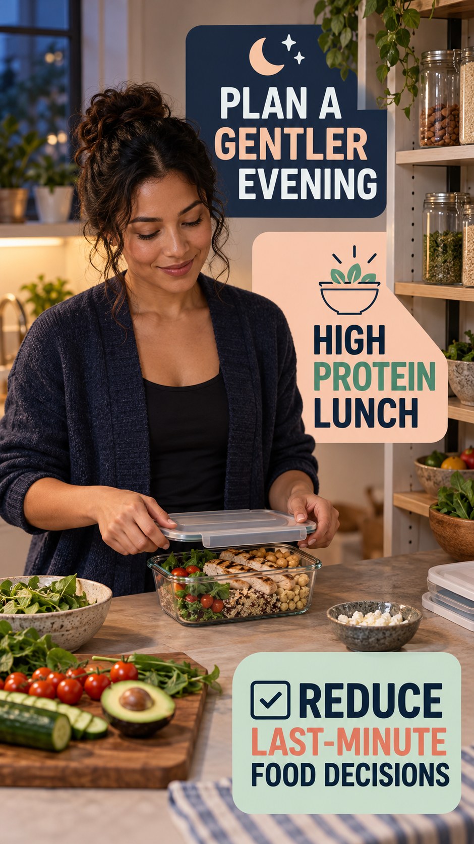 Late-Night Food Planning infographic for High Protein Lunch, showing a flexible and calming evening wellness routine.