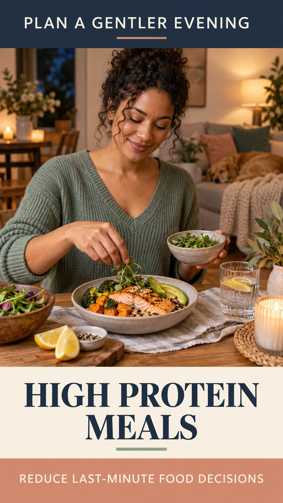 Late-Night Food Planning infographic for High Protein Meals, showing a flexible and calming evening wellness routine.