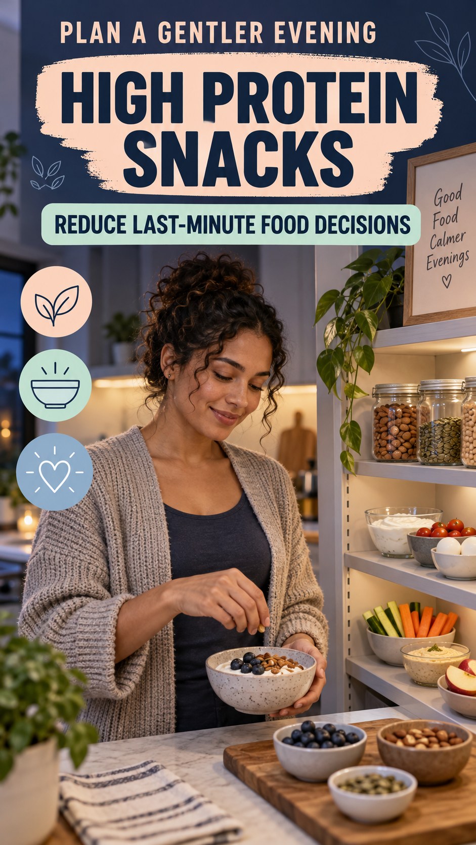 Late-Night Food Planning infographic for High Protein Snacks, showing a flexible and calming evening wellness routine.