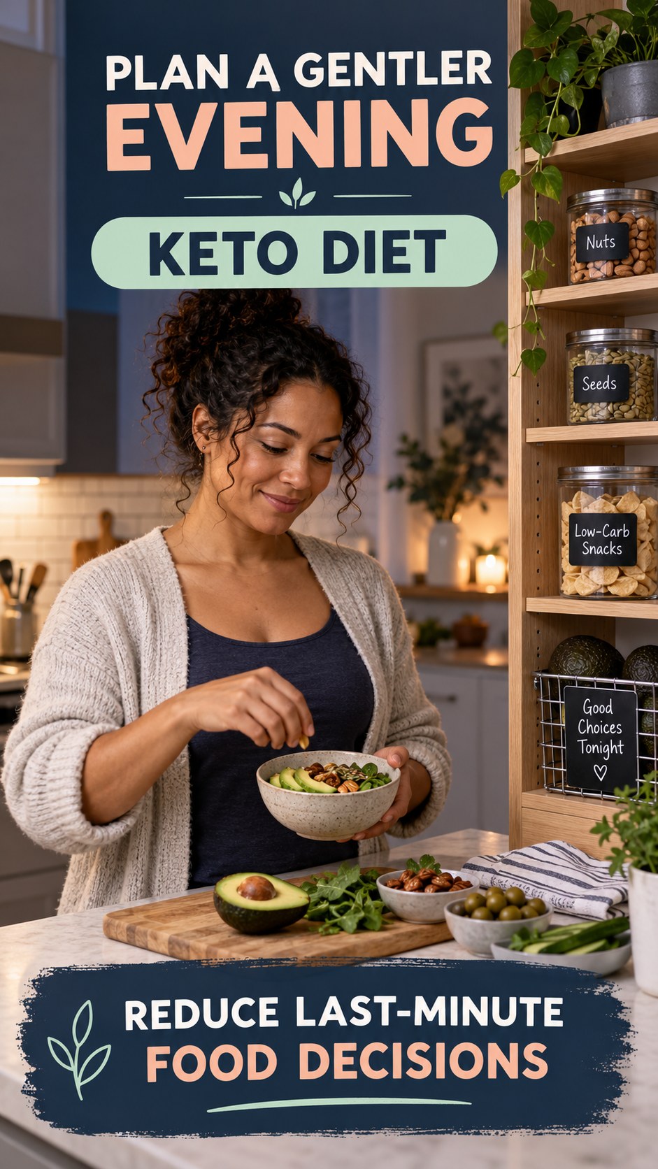 Late-Night Food Planning infographic for Keto Diet, showing a flexible and calming evening wellness routine.