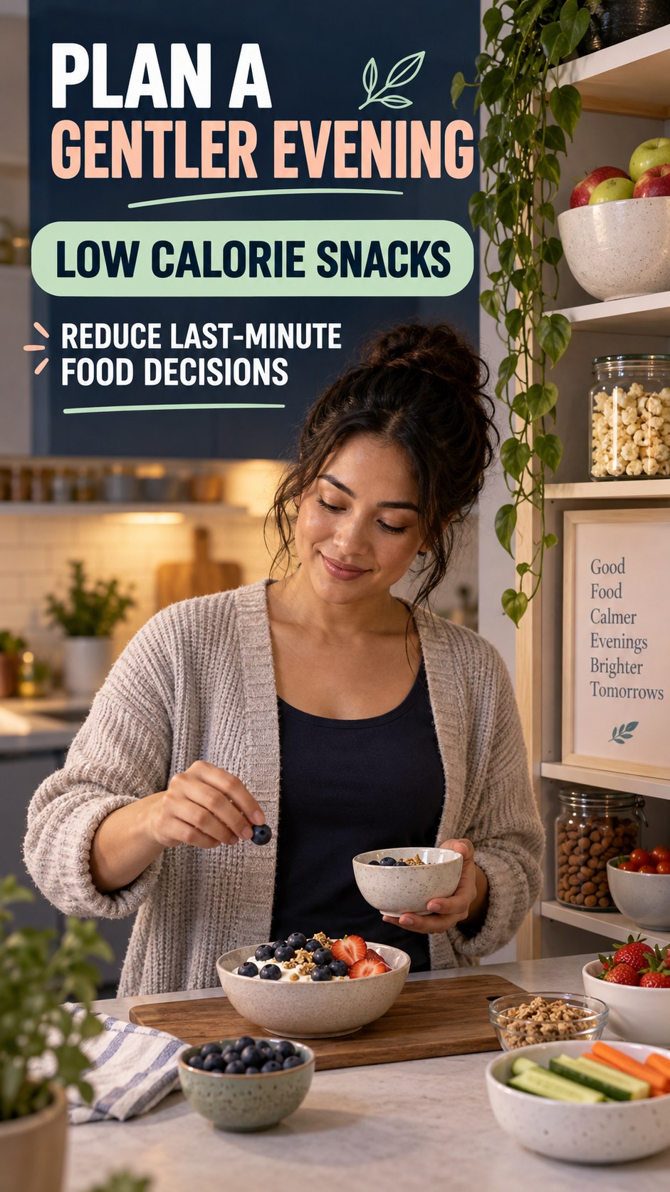 Late-Night Food Planning infographic for Low Calorie Snacks, showing a flexible and calming evening wellness routine.