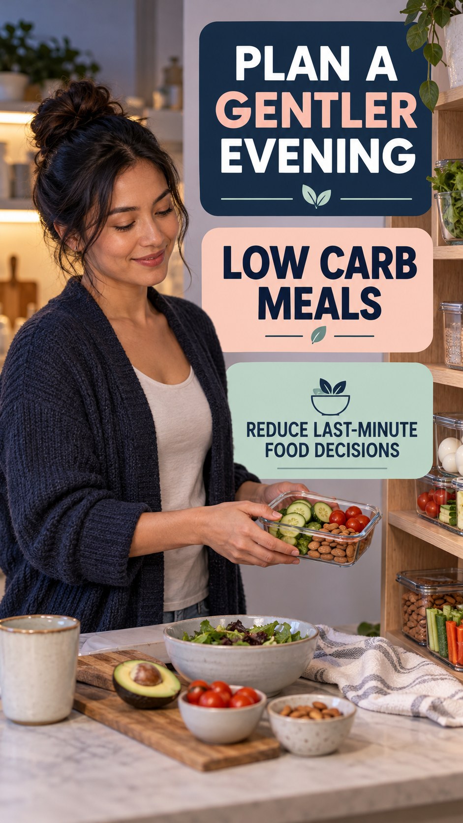 Late-Night Food Planning infographic for Low Carb Meals, showing a flexible and calming evening wellness routine.