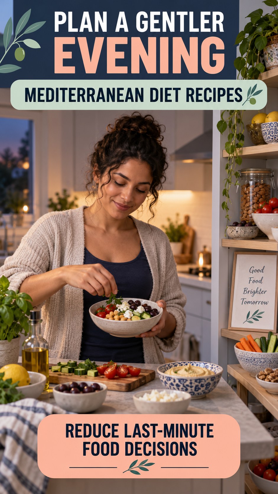 Late-Night Food Planning infographic for Mediterranean Diet Recipes, showing a flexible and calming evening wellness routine.
