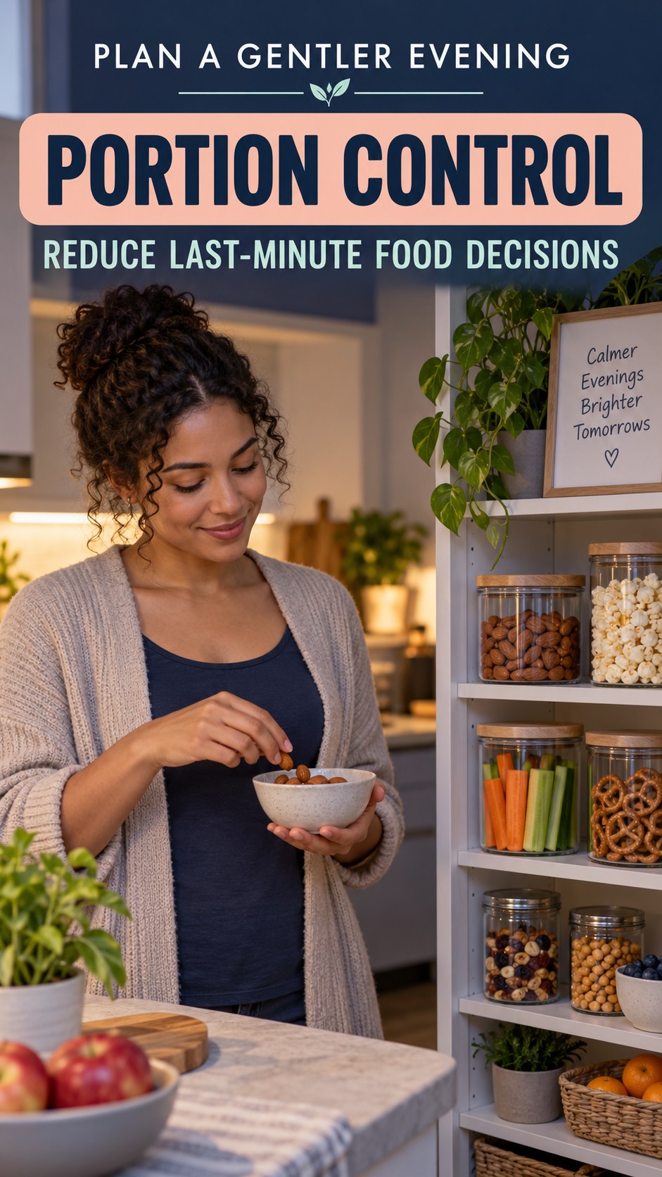 Late-Night Food Planning infographic for Portion Control, showing a flexible and calming evening wellness routine.