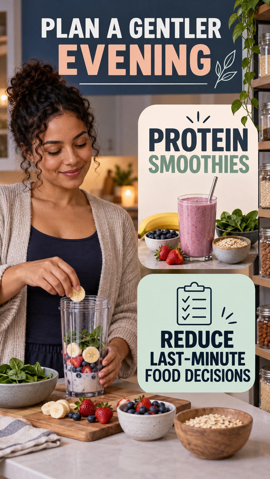 Late-Night Food Planning infographic for Protein Smoothies, showing a flexible and calming evening wellness routine.
