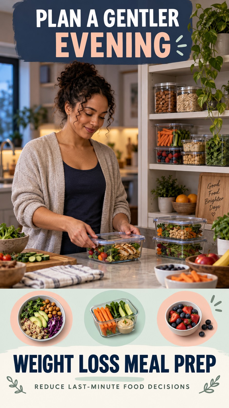 Late-Night Food Planning infographic for Weight Loss Meal Prep, showing a flexible and calming evening wellness routine.