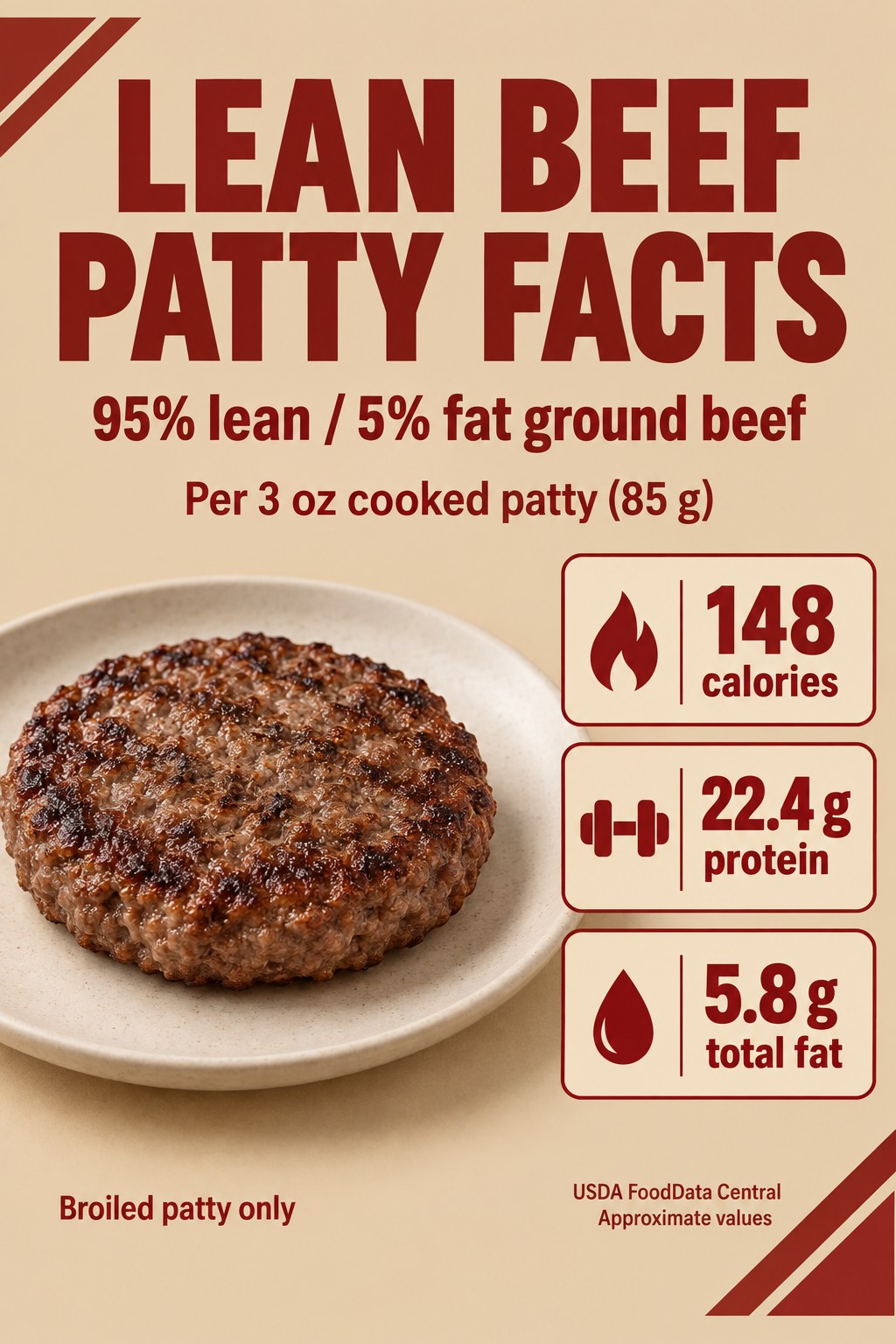 Lean beef patty card showing 148 calories, 22.4 grams protein and 5.8 grams total fat per three-ounce cooked broiled patty weighing 85 grams.