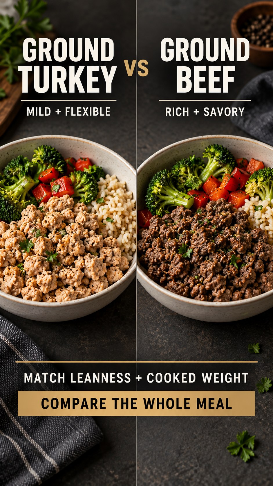Lean ground turkey and lean ground beef in equal cooked portions, compared by leanness, flavor, and meal use.