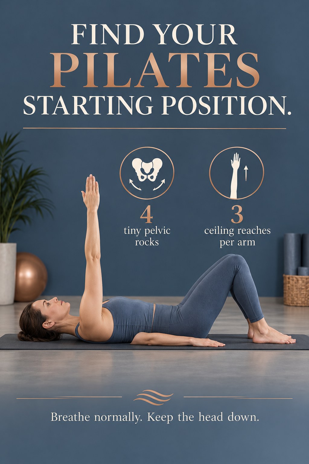 Adult lies with knees bent on a mat while lifting one arm toward the ceiling in a small Pilates preparation.