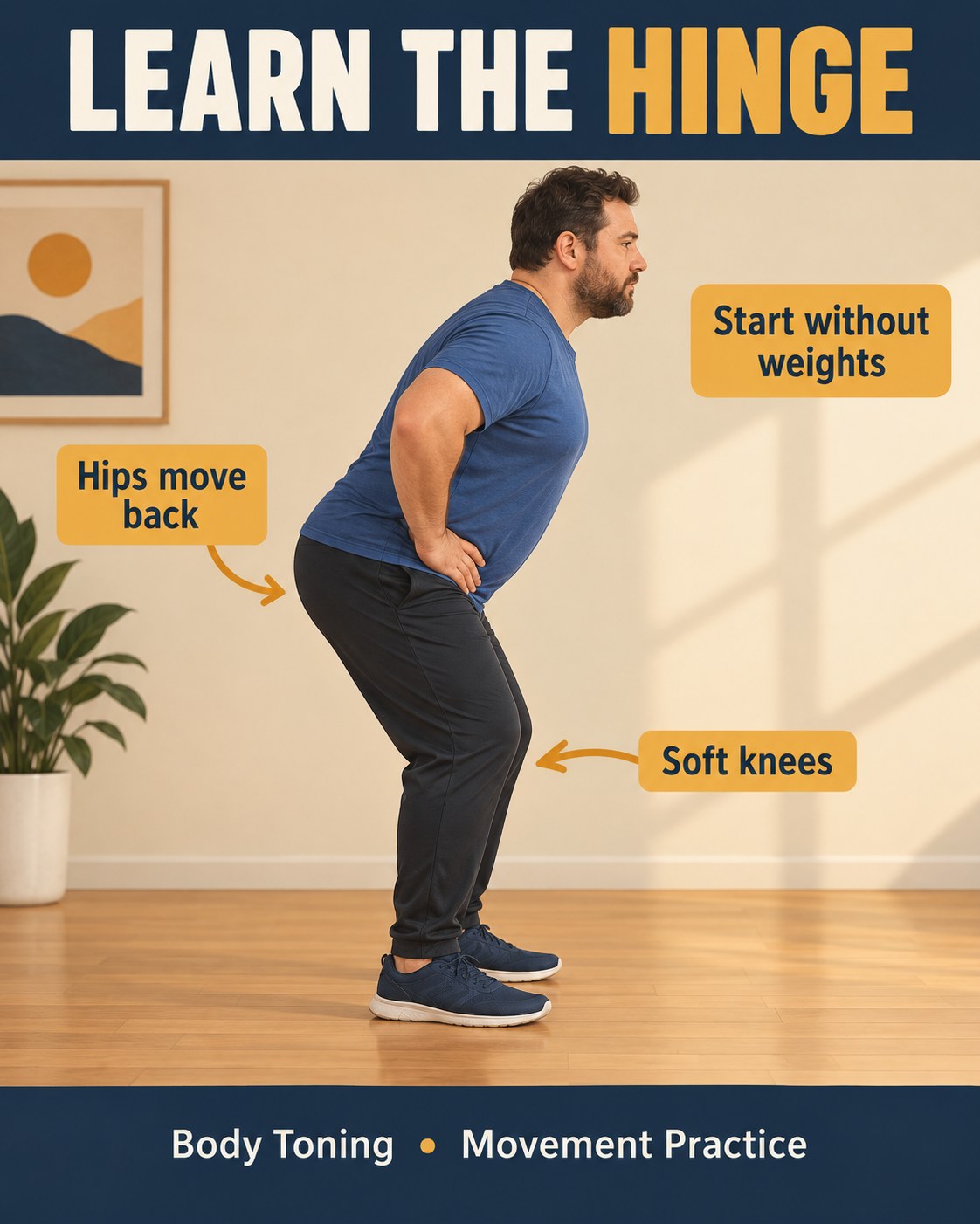 A man practicing a shallow unloaded hip hinge with softly bent knees and a long back in a clear exercise space.