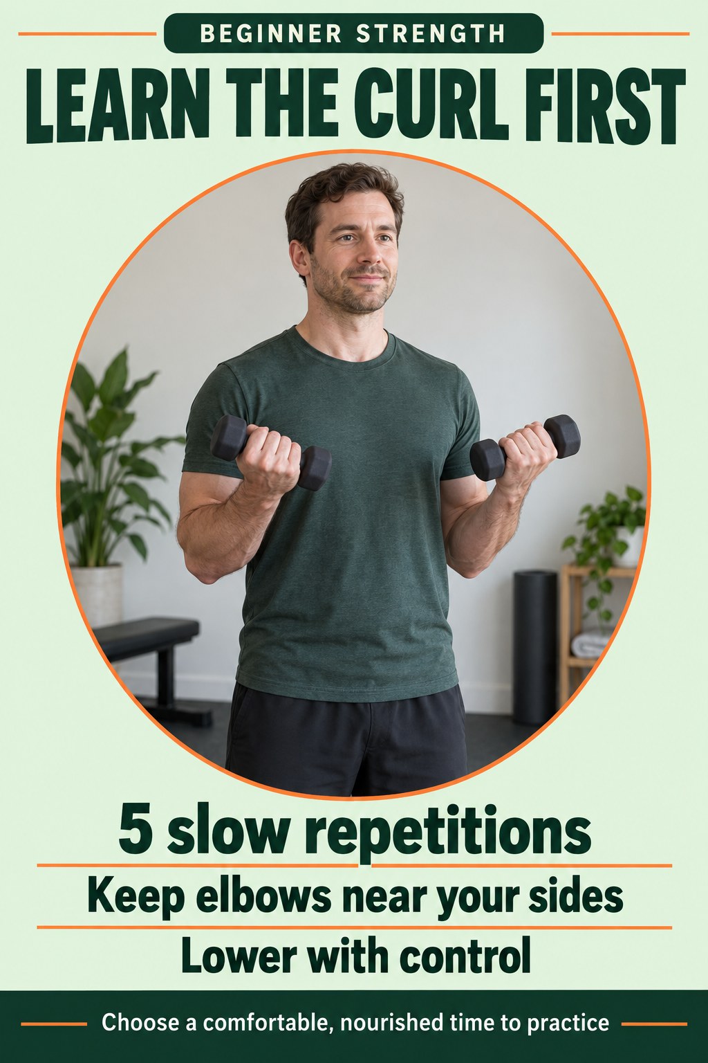 Man performs a light biceps curl in a mint and forest-green poster with cues for five slow repetitions and controlled lowering.