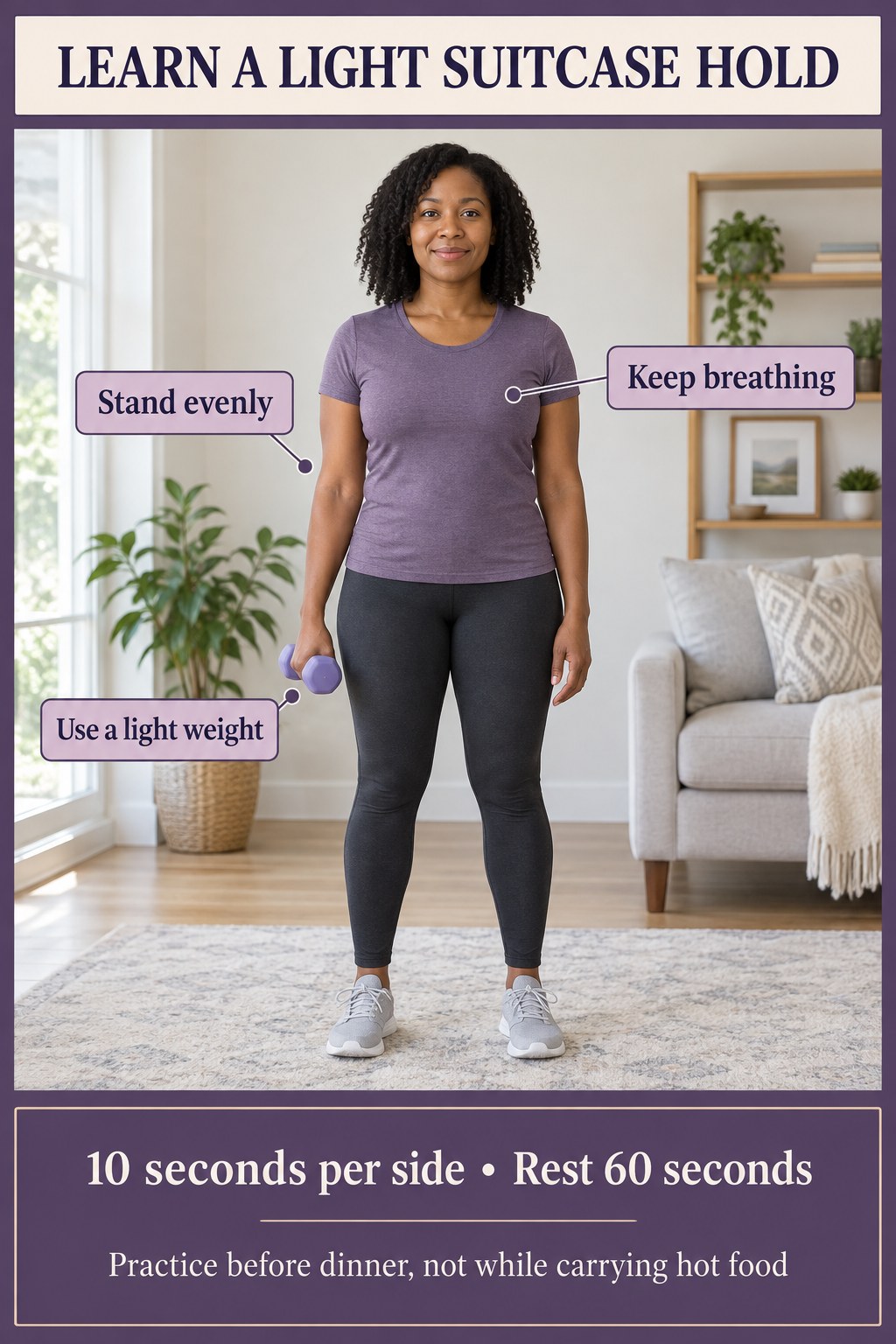 A woman stands with one light dumbbell at her side, with callouts for even posture, breathing, and a manageable weight.