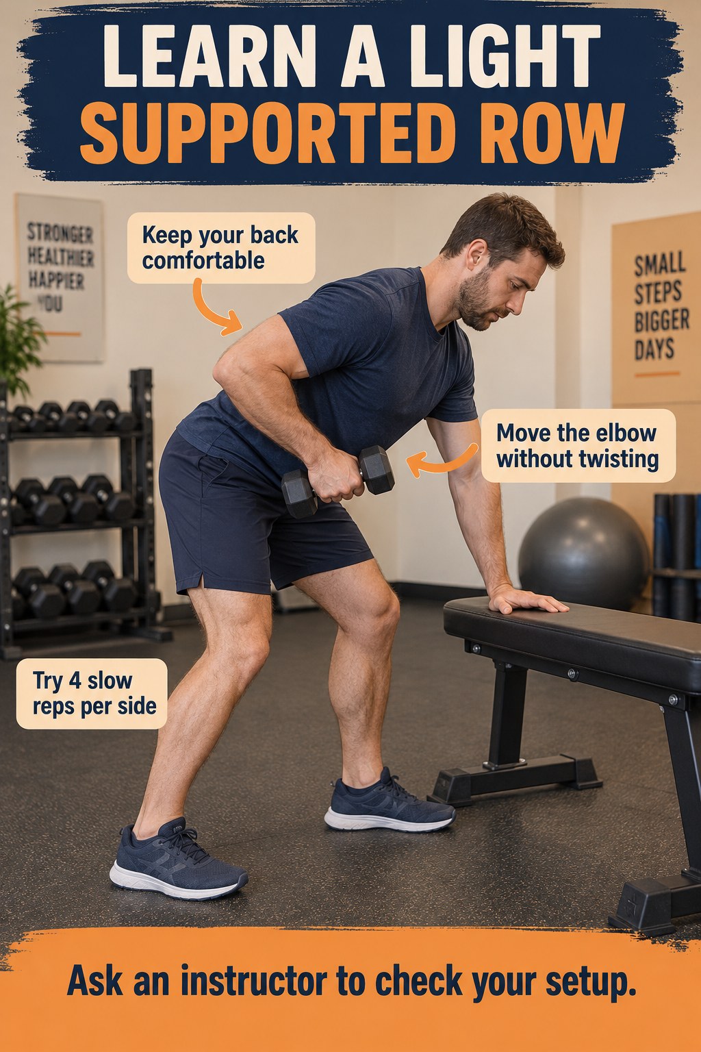 Man performs a light one-arm row with one hand on a sturdy bench and both feet on the floor beside navy and orange technique cues.