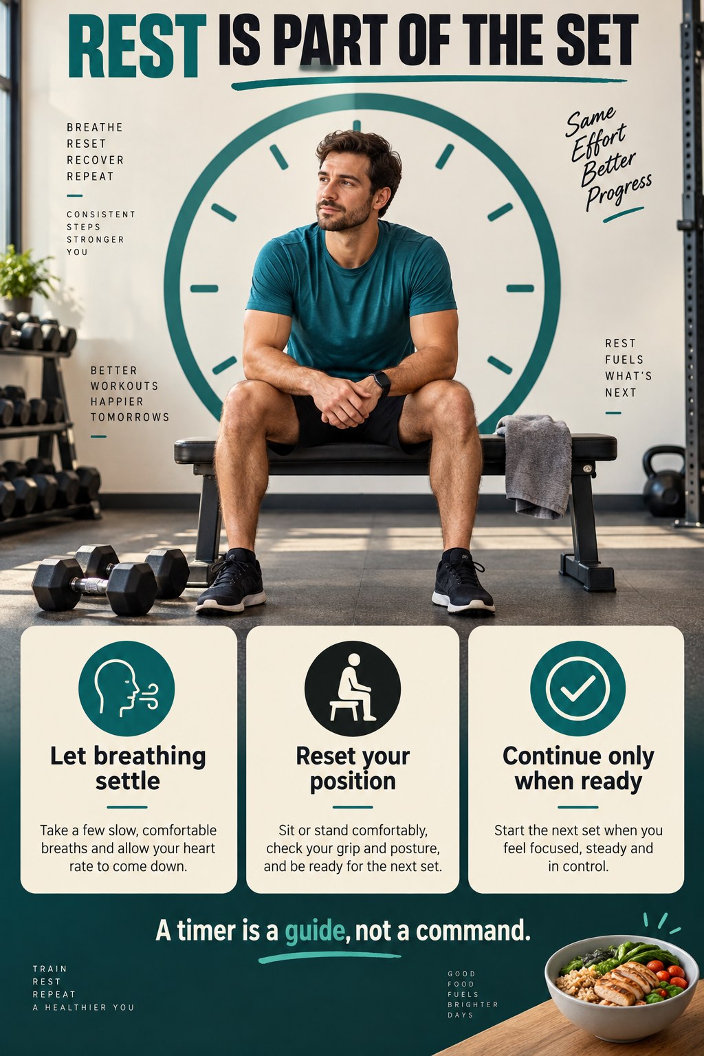 A man rests on a gym bench beside three cards about breathing, position, and readiness between exercise sets.