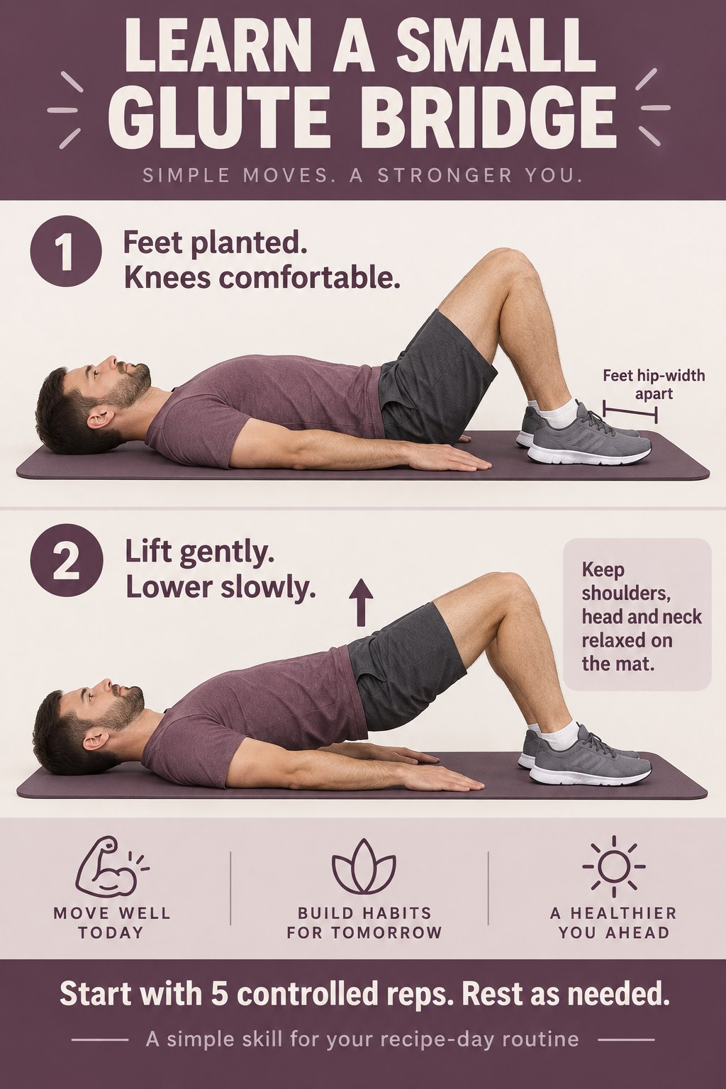 Two side-view frames show the starting position and a modest glute bridge with feet planted and shoulders on the mat.