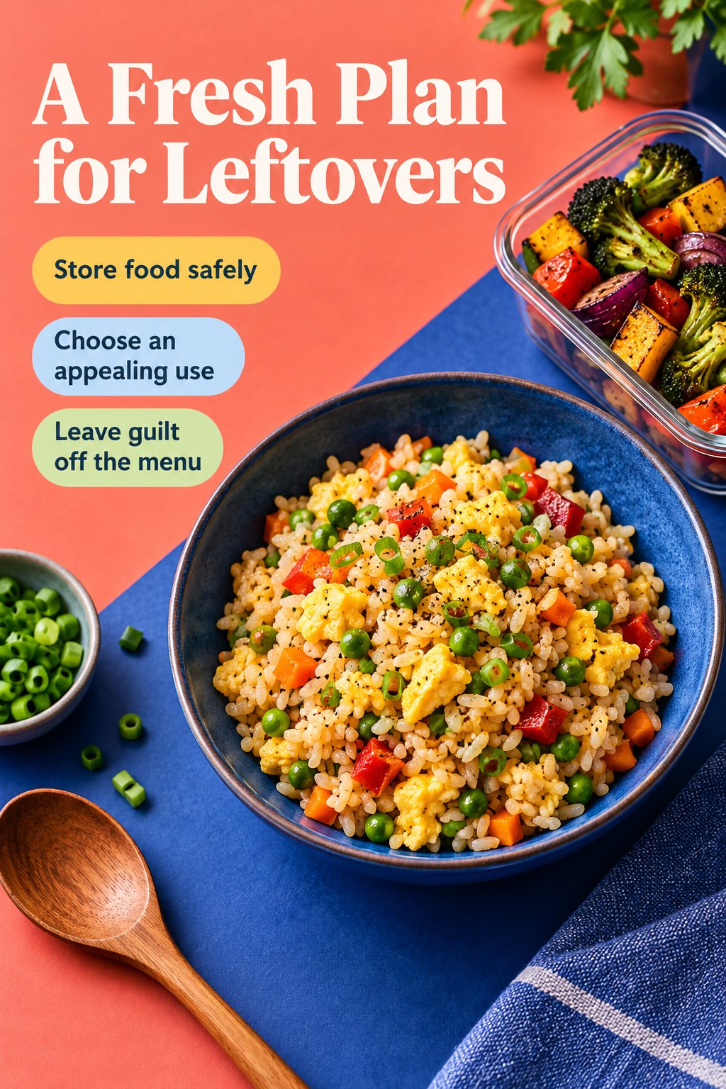 Vegetable and egg fried rice made with leftovers beside a reminder to plan, adapt, and enjoy without pressure.