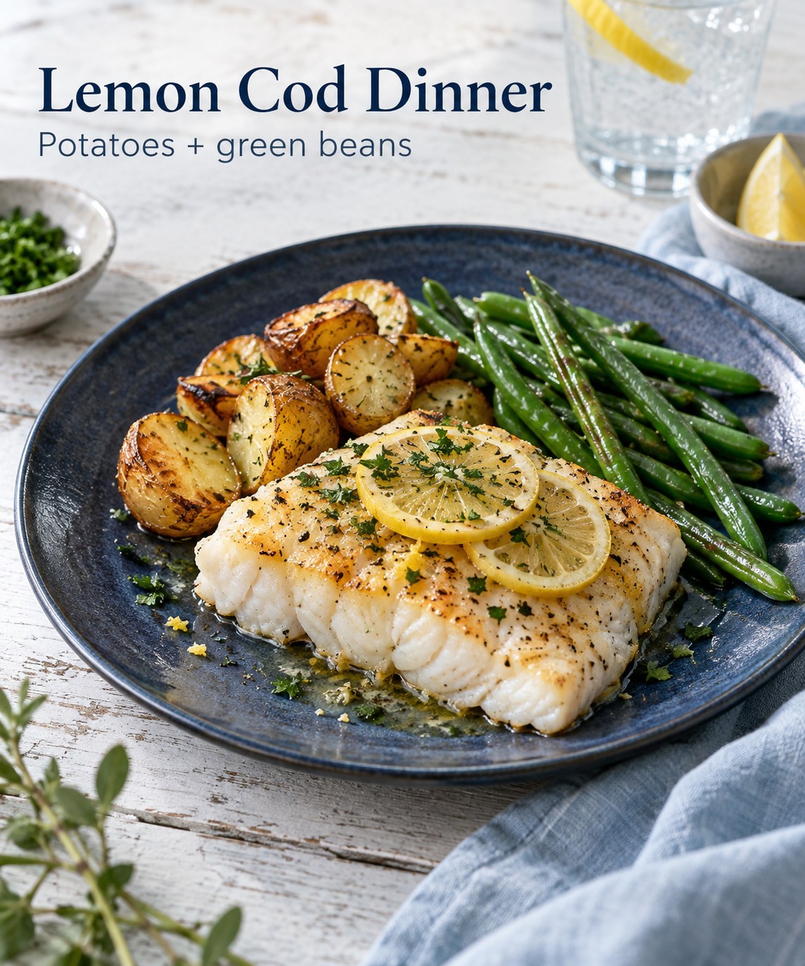 Cooked cod with lemon slices, roasted baby potatoes, and green beans on a blue plate.