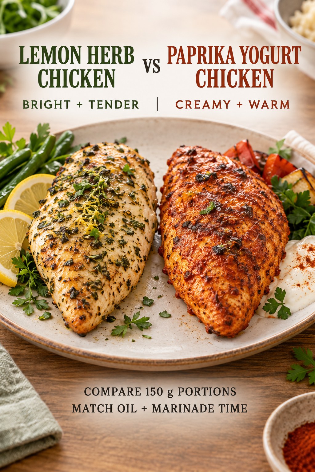 Lemon herb chicken breast and paprika yogurt chicken breast in equal cooked portions with matching vegetables nearby.