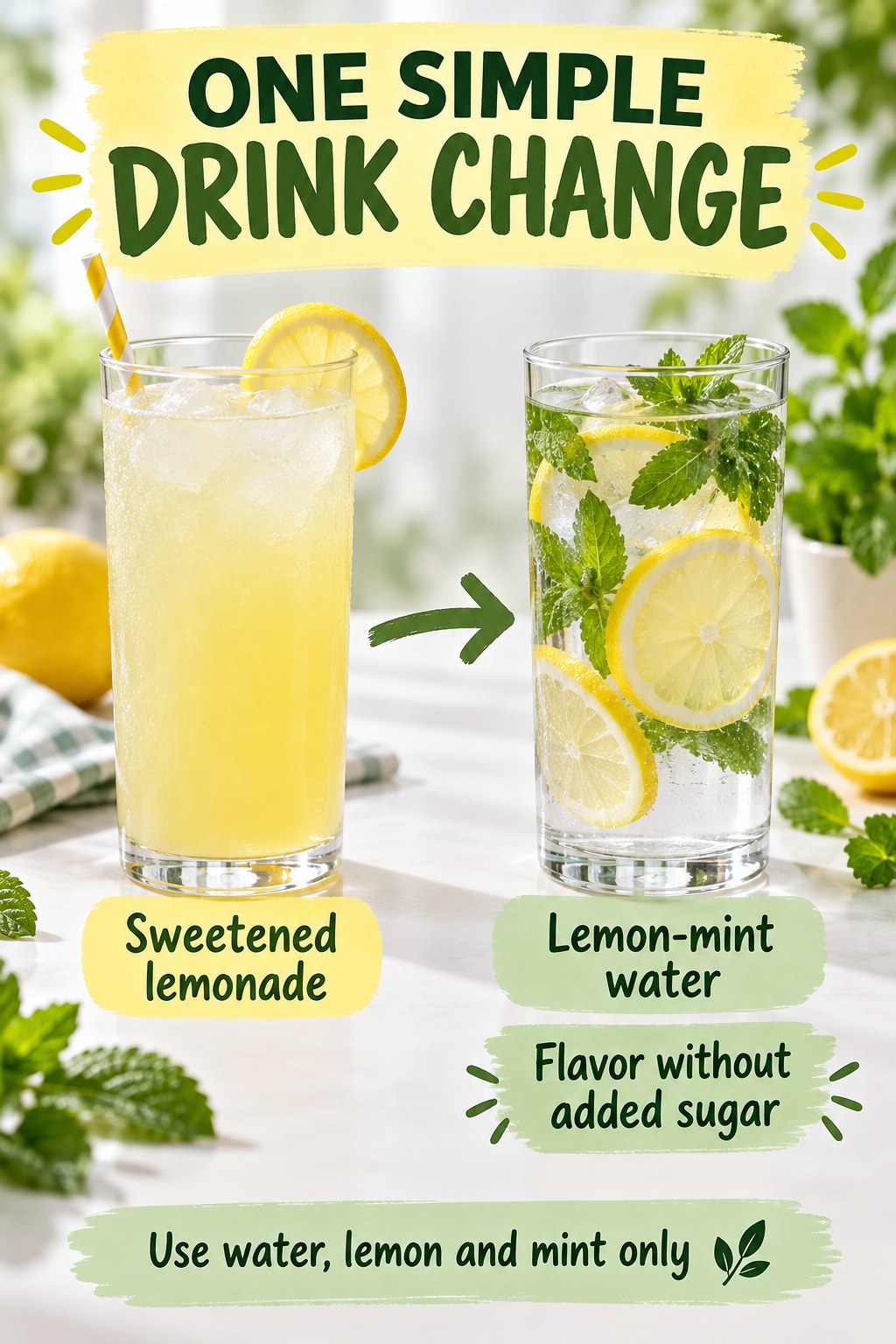 Sweetened lemonade compared with clear lemon-mint water in matching tall glasses on a sunny table.