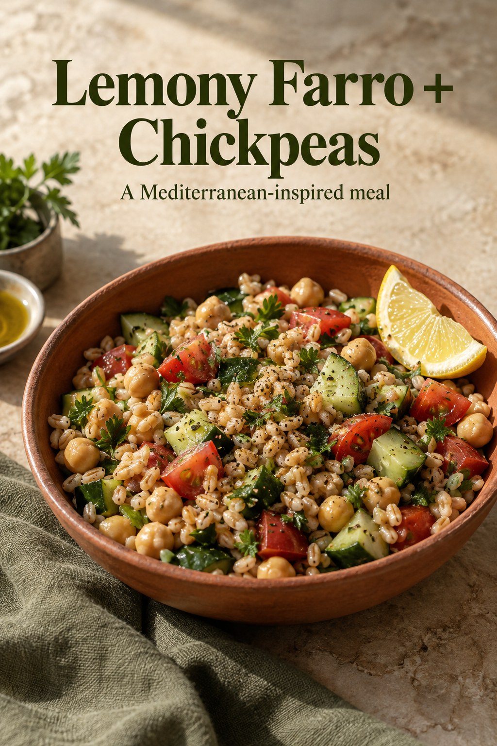 Farro and chickpea salad with cucumber, parsley, tomato, and lemon.