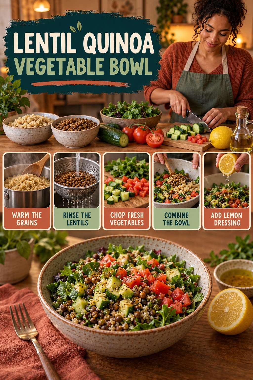 Lentil Quinoa Vegetable Bowl for Home Workouts for Weight Loss with five readable preparation cues and a realistic finished dish.