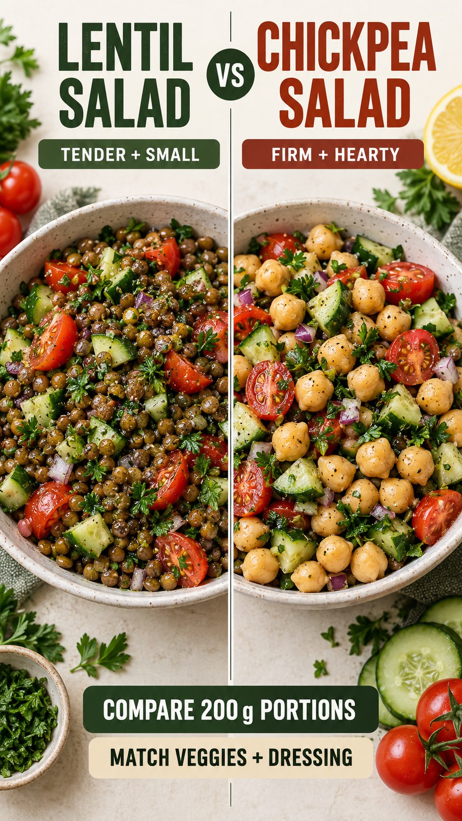 Lentil salad and chickpea salad in equal make-ahead portions with matching vegetables and dressing.