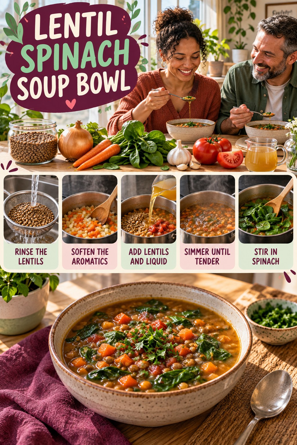 Lentil Spinach Soup Bowl for Healthy Breakfast Recipes with five readable preparation cues and a realistic finished dish.