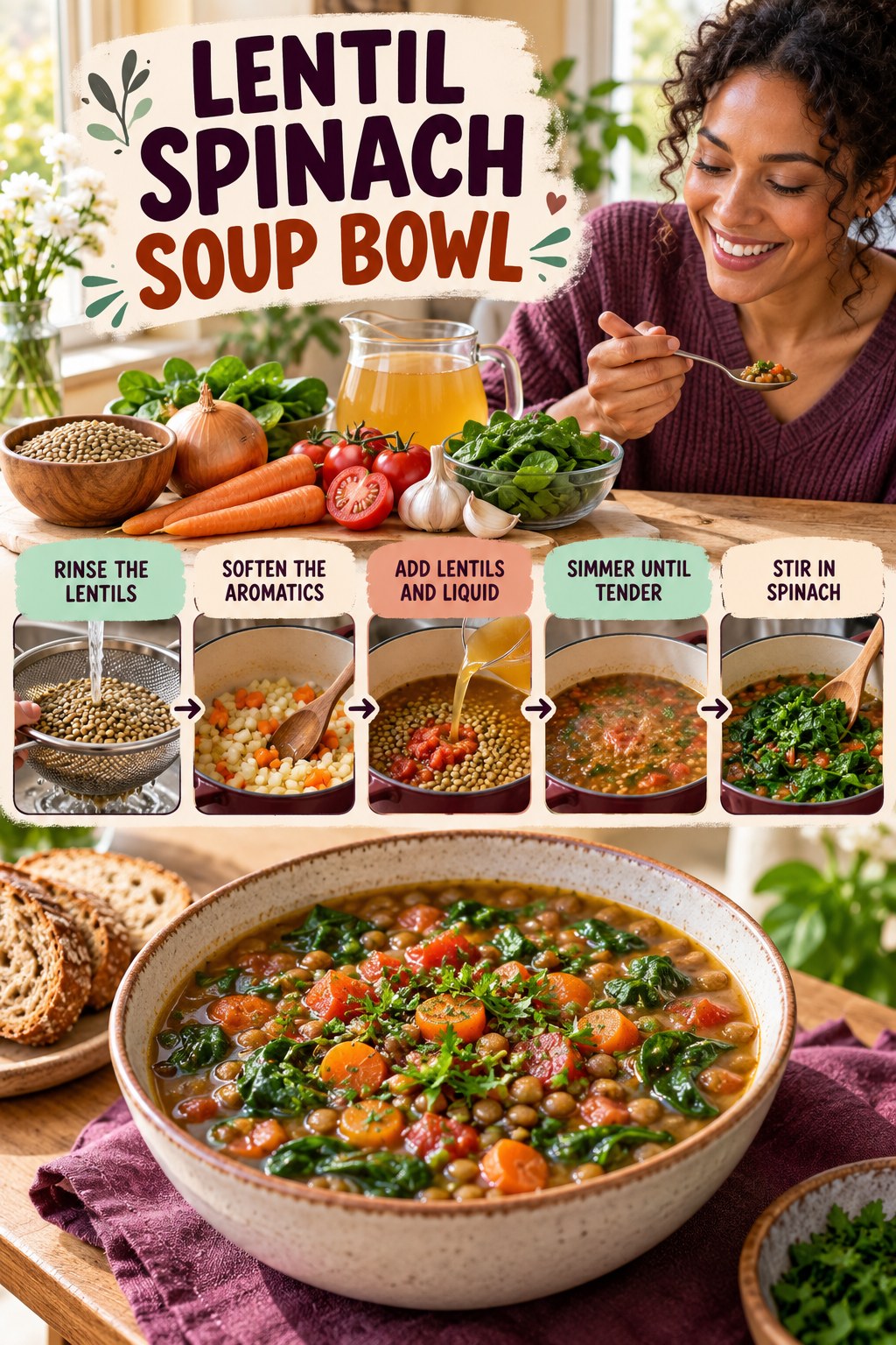 Lentil Spinach Soup Bowl for Healthy Chicken Recipes with five readable preparation cues and a realistic finished dish.