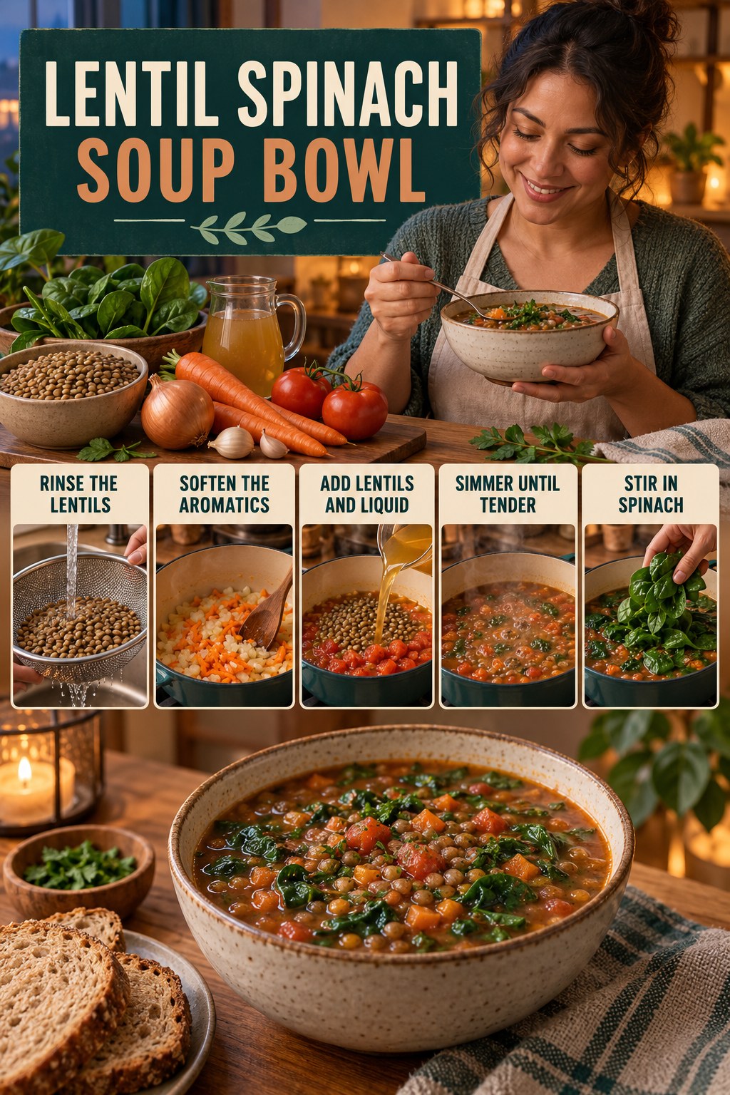 Lentil Spinach Soup Bowl for Healthy Smoothies with five readable preparation cues and a realistic finished dish.