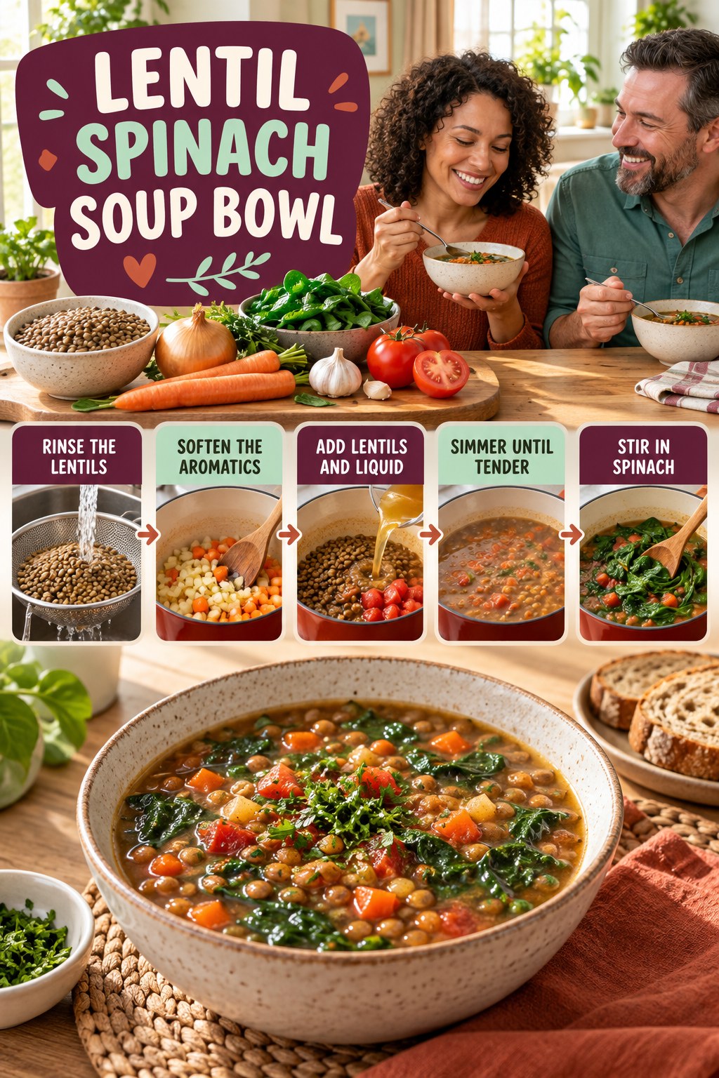 Lentil Spinach Soup Bowl for Healthy Snacks with five readable preparation cues and a realistic finished dish.