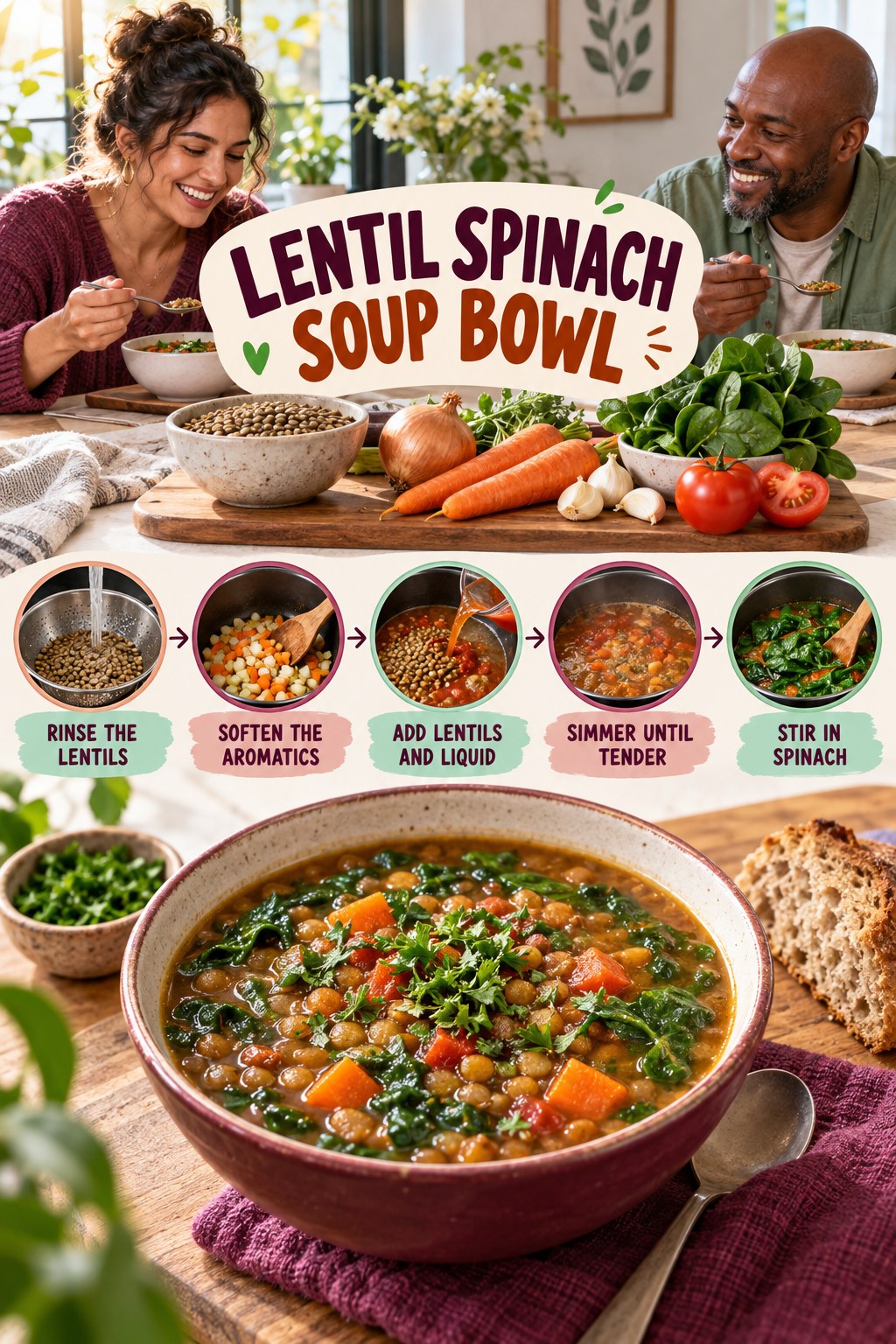 Lentil Spinach Soup Bowl for High Protein Lunch with five readable preparation cues and a realistic finished dish.