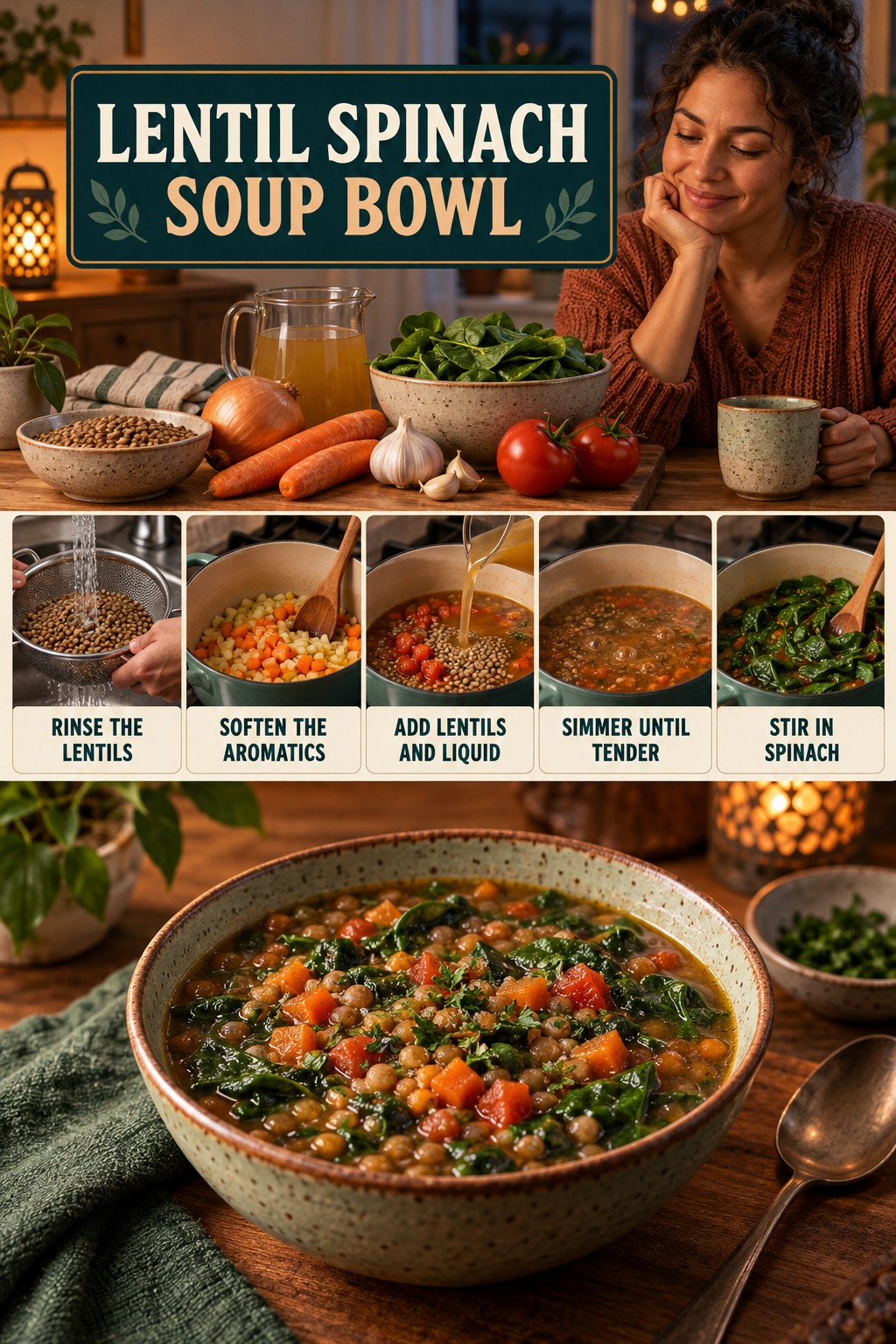 Lentil Spinach Soup Bowl for Intermittent Fasting with five readable preparation cues and a realistic finished dish.