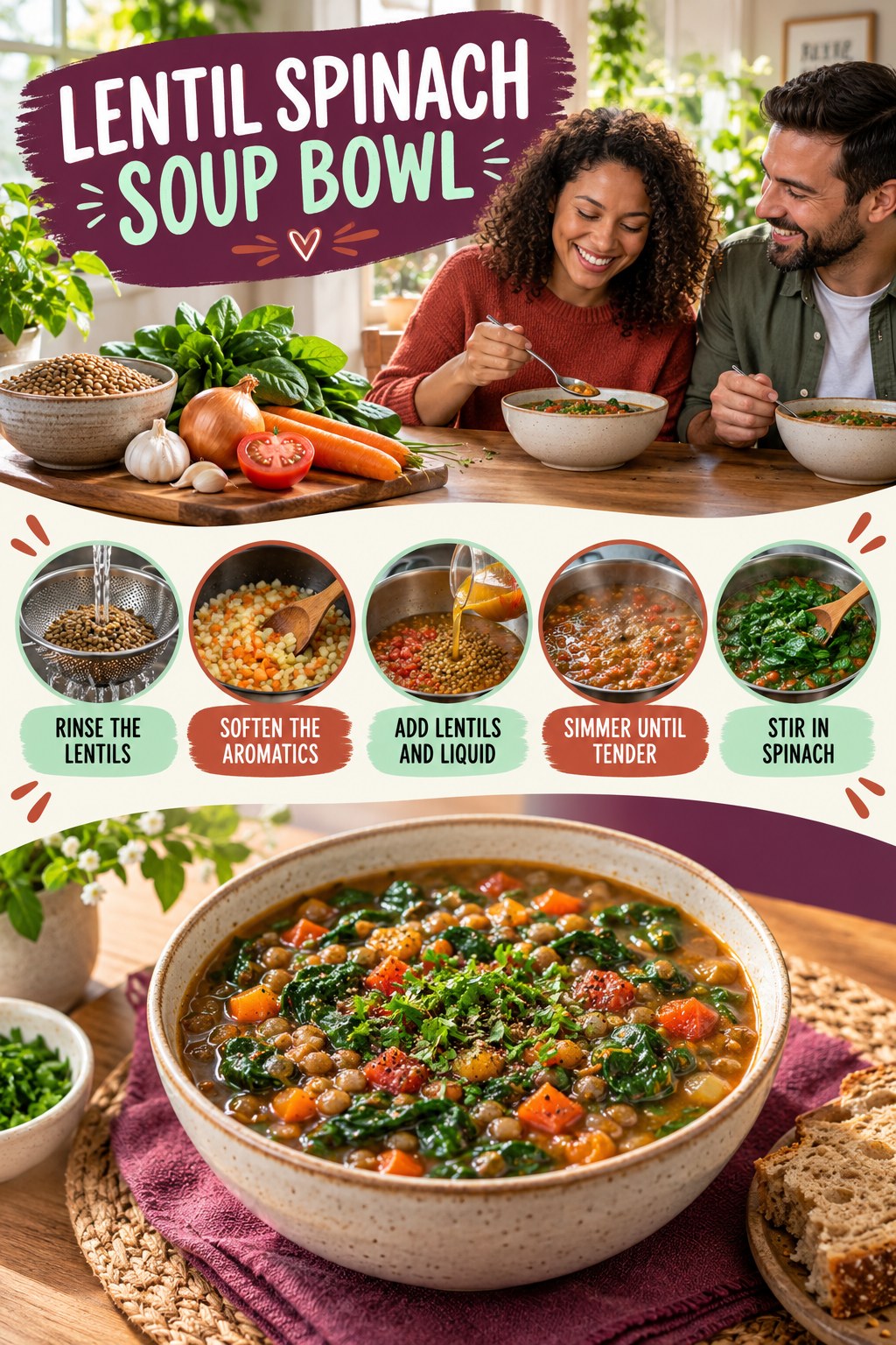 Lentil Spinach Soup Bowl for Low Carb Meals with five readable preparation cues and a realistic finished dish.