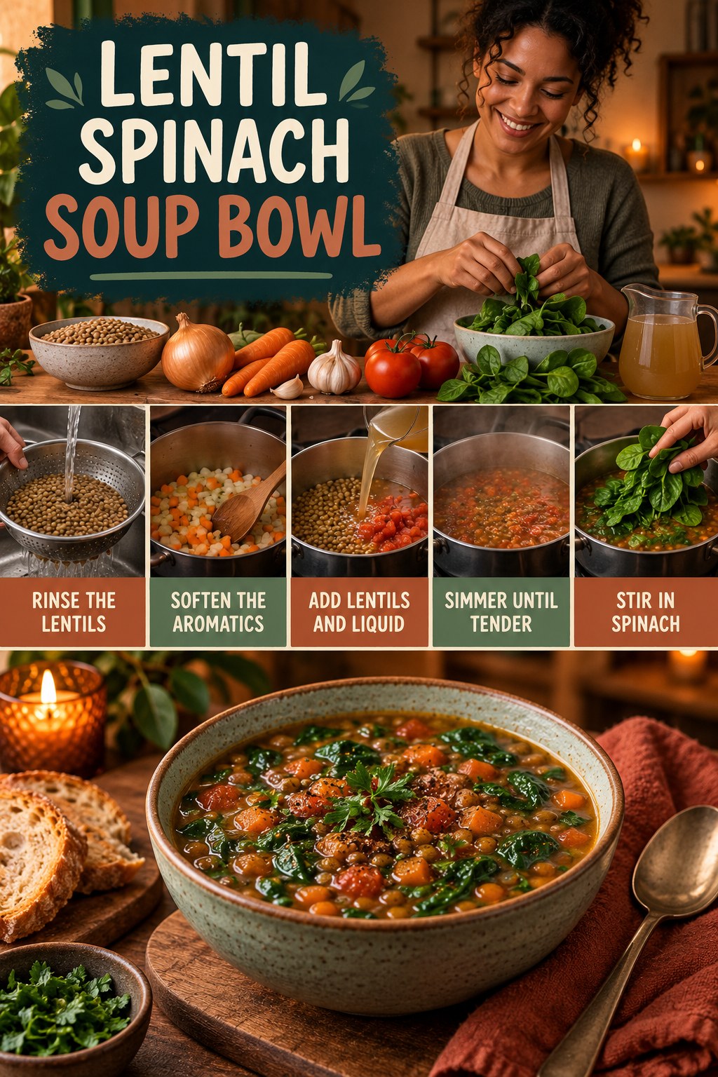 Lentil Spinach Soup Bowl for Protein Smoothies with five readable preparation cues and a realistic finished dish.