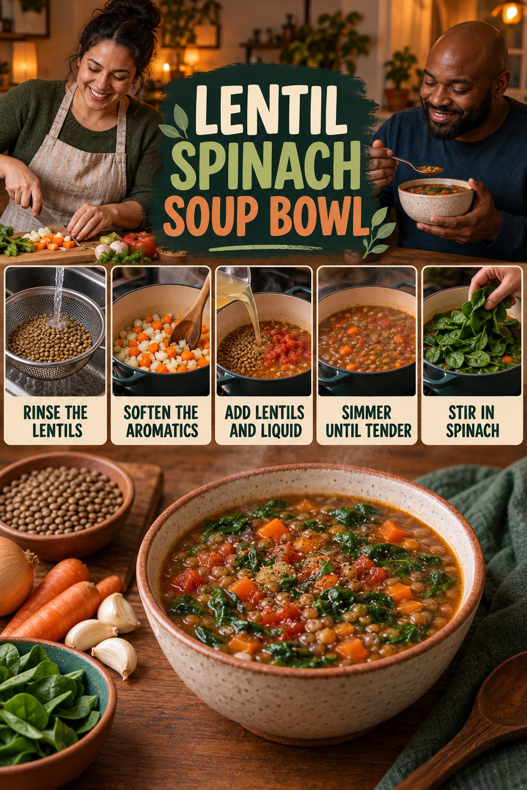 Lentil Spinach Soup Bowl for Weight Loss Foods with five readable preparation cues and a realistic finished dish.