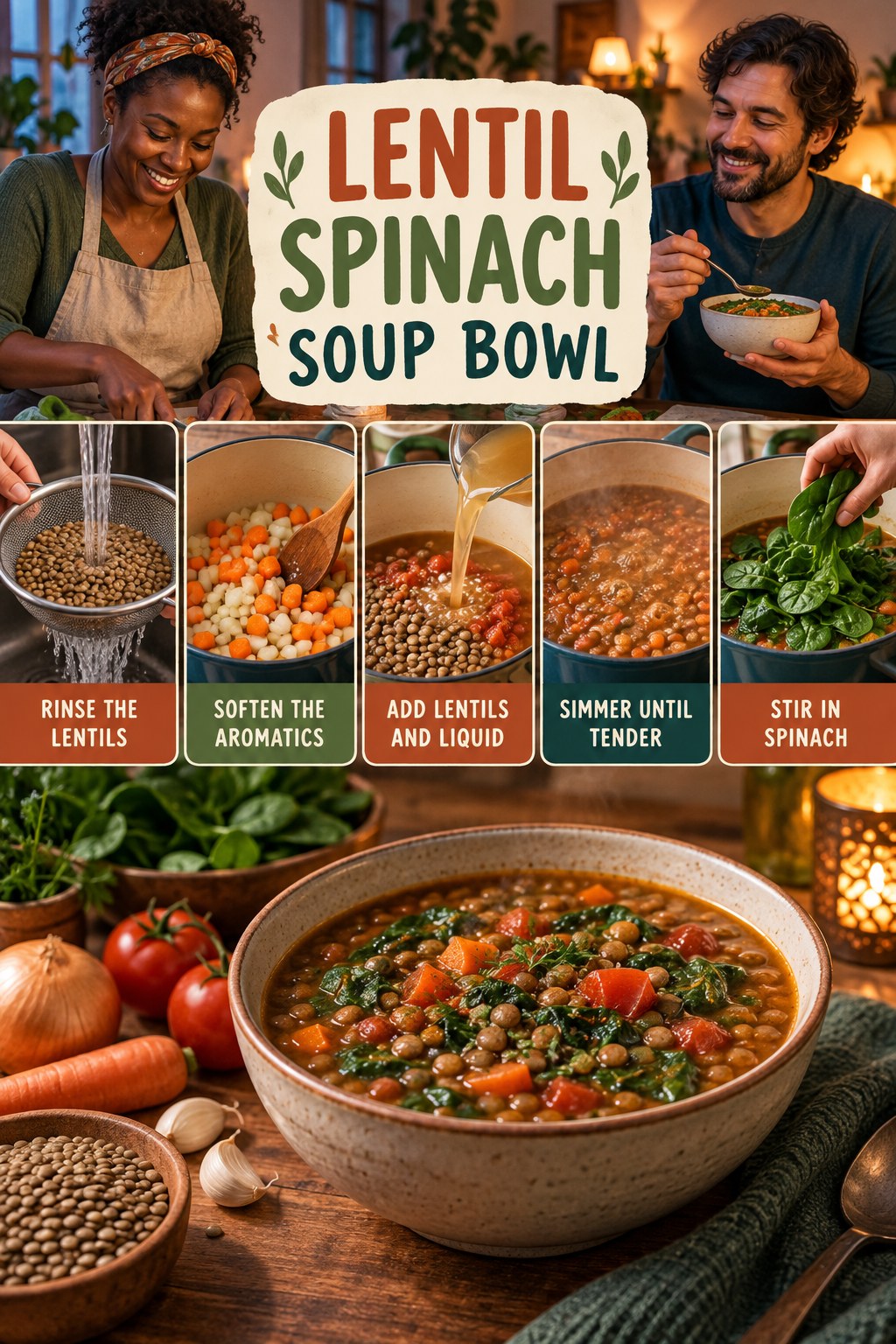 Lentil Spinach Soup Bowl for Weight Loss Meal Prep with five readable preparation cues and a realistic finished dish.