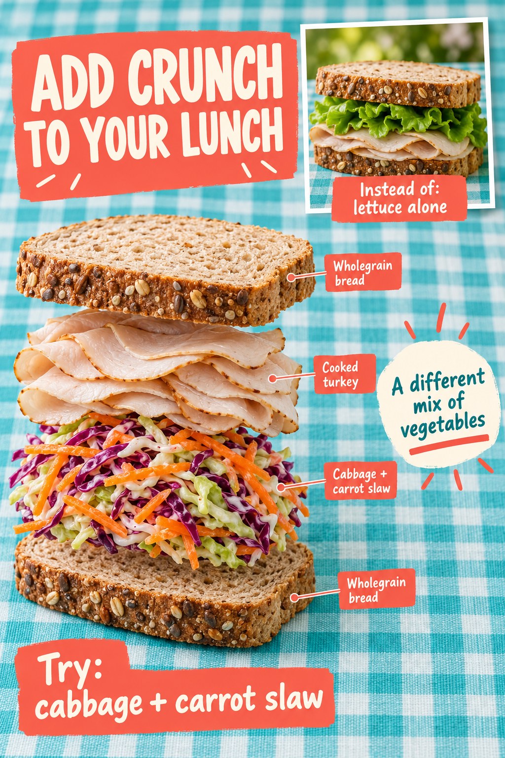 Turkey sandwich with lettuce compared with an exploded sandwich containing cabbage and carrot slaw on a teal picnic background.