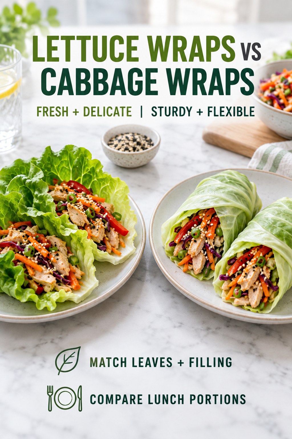 Lettuce wraps and cabbage wraps with equal chicken-vegetable filling, herbs, and measured dressing.