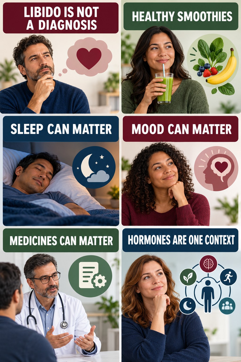 Libido Is Not a Testosterone Diagnosis testosterone-health-awareness infographic for Healthy Smoothies with four concise educational checks.