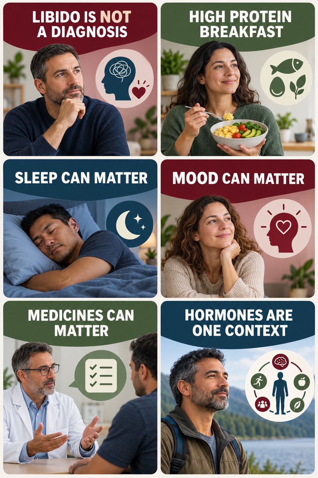Libido Is Not a Testosterone Diagnosis testosterone-health-awareness infographic for High Protein Breakfast with four concise educational checks.