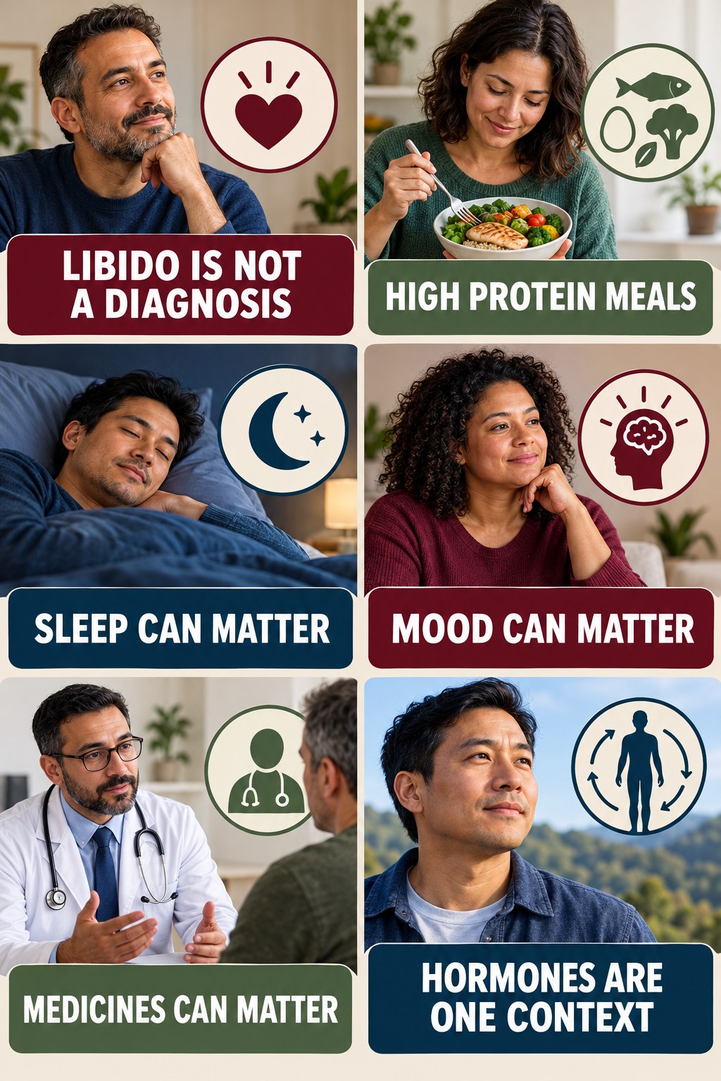 Libido Is Not a Testosterone Diagnosis testosterone-health-awareness infographic for High Protein Meals with four concise educational checks.