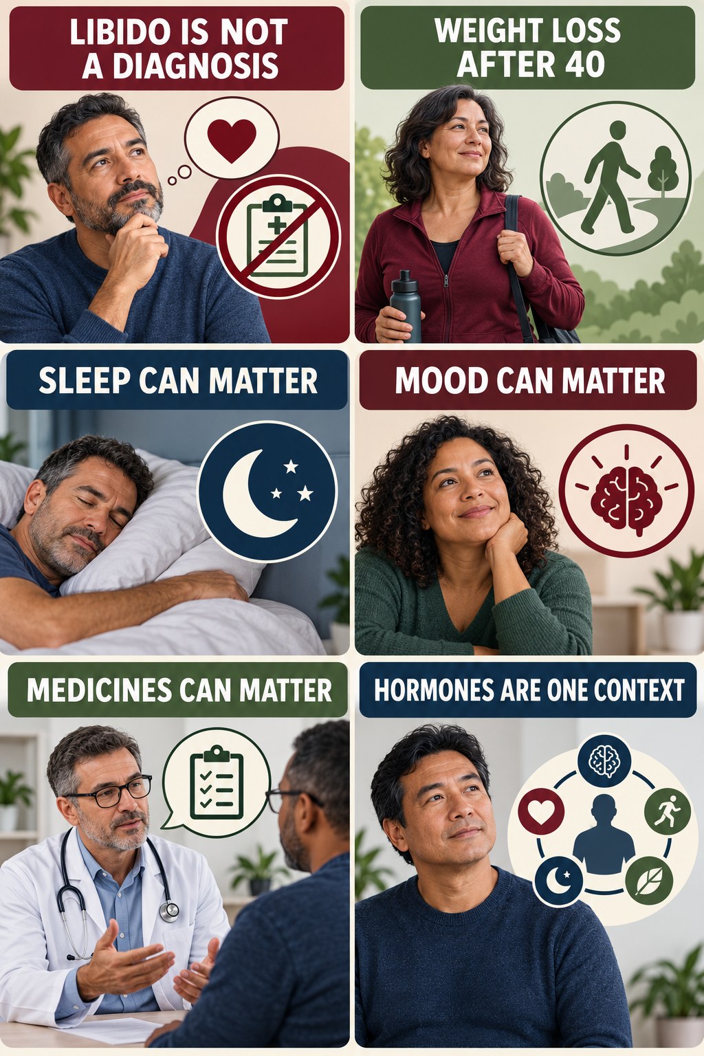 Libido Is Not a Testosterone Diagnosis testosterone-health-awareness infographic for Weight Loss After 40 with four concise educational checks.