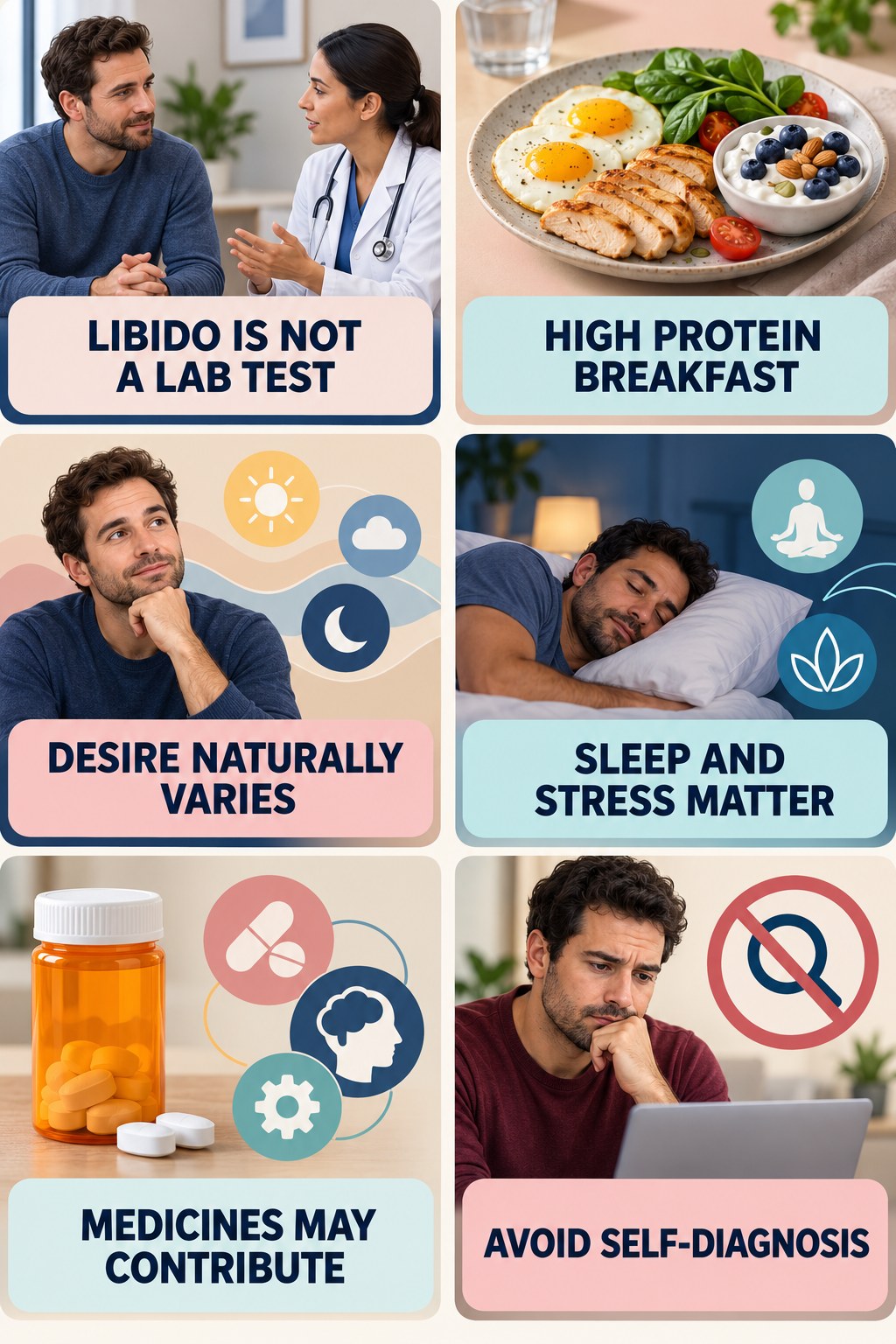 Libido Is Not a Testosterone Test infographic for High Protein Breakfast with four concise, non-shaming sexual-health education points.