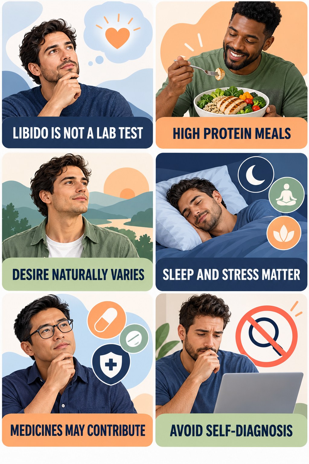 Libido Is Not a Testosterone Test infographic for High Protein Meals with four concise, non-shaming sexual-health education points.